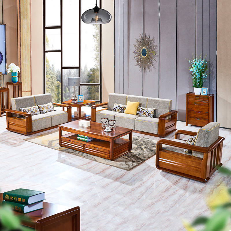 Full solid wood sofa Composition 123 Double place Hupeach wood Modern Chinese style minimalist Living room Adult cloth Art Group Suite