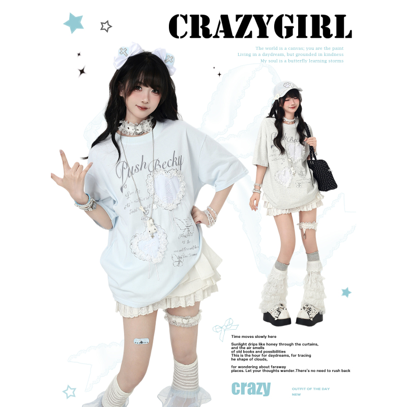 Crazygirl Korean Ballet Style Stereo Bowknot Girly Loose Heart Lace Round Neck T-Shirt for Summer Women Crazygirl Korean Ballet Style Stereo Bowknot Girly Loose Heart Lace Round Neck T-Shirt for Summer Women