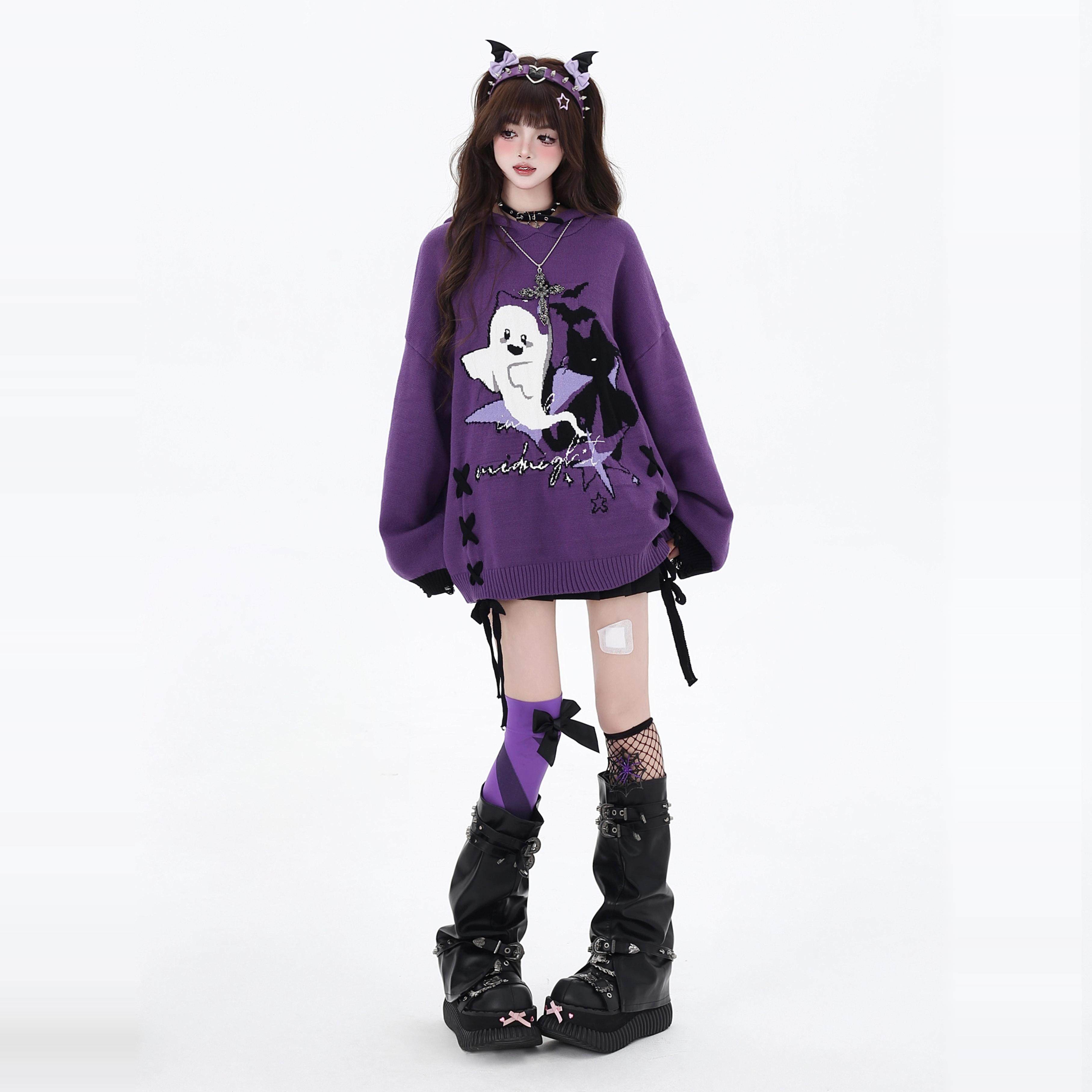 Crazygirl Halloween Ghost Subculture Original Black and Purple Color Block Lace-up Loose Sweater Top for Winter Women