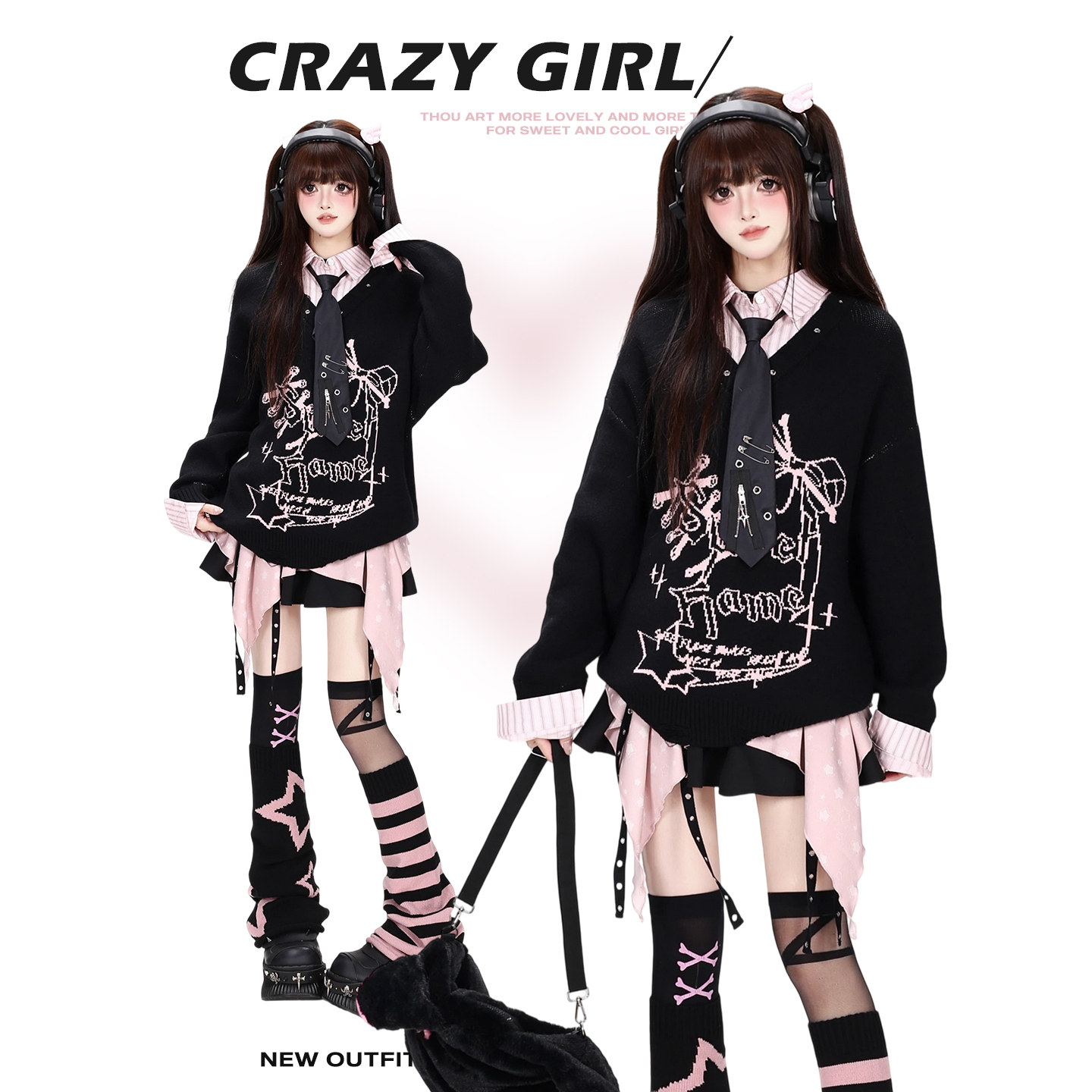 crazygirl [Old Book Chapter] Original College Style Bow Tie Shirt Faux Two-Piece Loose Knit Sweater Winter