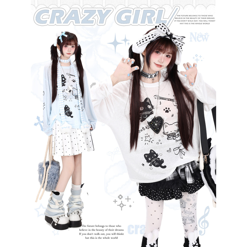 Crazygir Early Autumn Soft and Cute Guitar Cat Round Neck Loose Versatile Casual Slimming Long-Sleeved T-Shirt Cover-Up