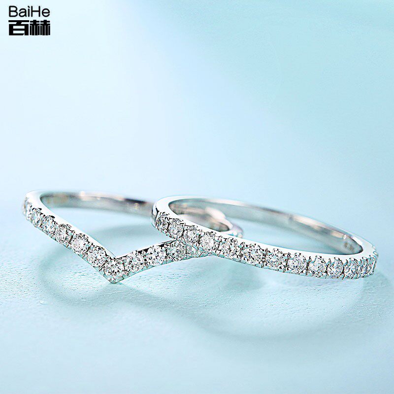 Baihe 18K white gold diamond row diamond ring ring color gold proposal wedding diamond ring Light luxury with protection ring Broken diamond V ring Female