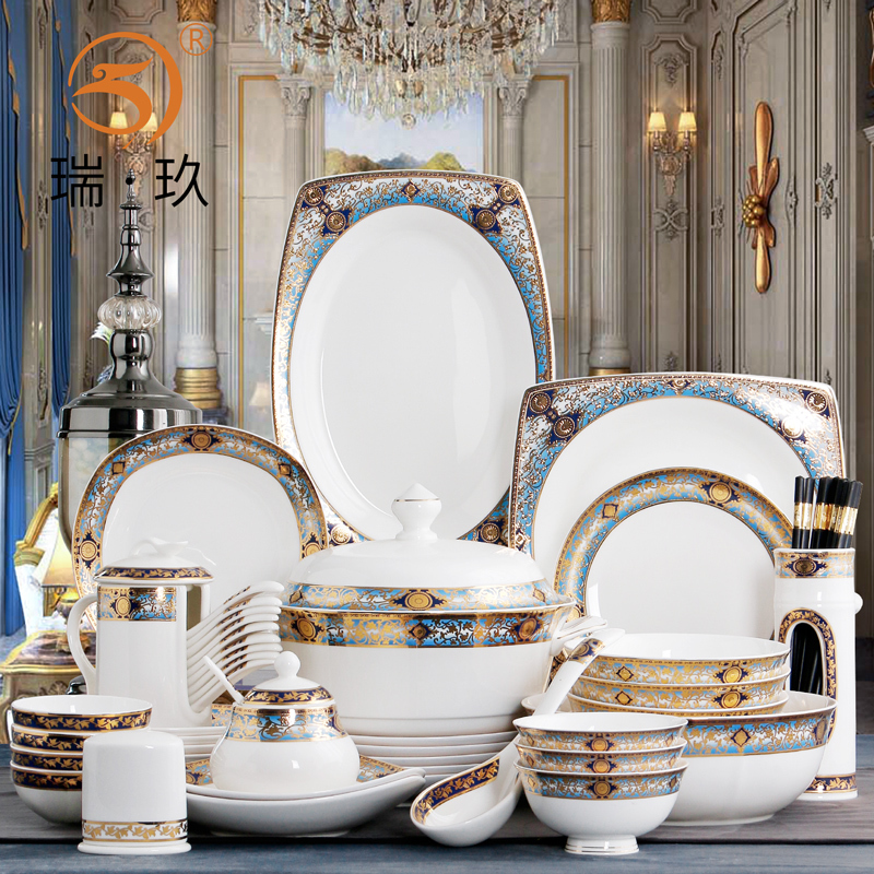 Light Luxury Bone China Tableware Set, Bowls and Plates for Home Use, 80-Piece Complete Set for 10 or More People, Hotel and Club Tableware Set