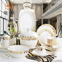  European-style dishes and tableware set for more than 10 people club model room embossed tableware Bone porcelain complete set of dishes and dishes combination