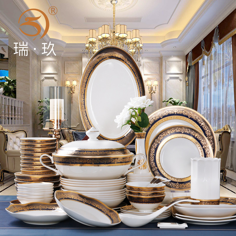Light luxury European heavy gold relief gold skeleton tableware set 88 dish dish box set with 10 person complete tableware