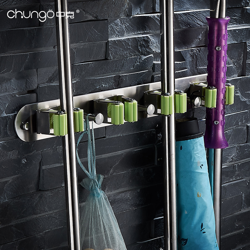 304 stainless steel brushed hanging mop rack broom rack Kitchen powder room bathroom multi-function hook free hole