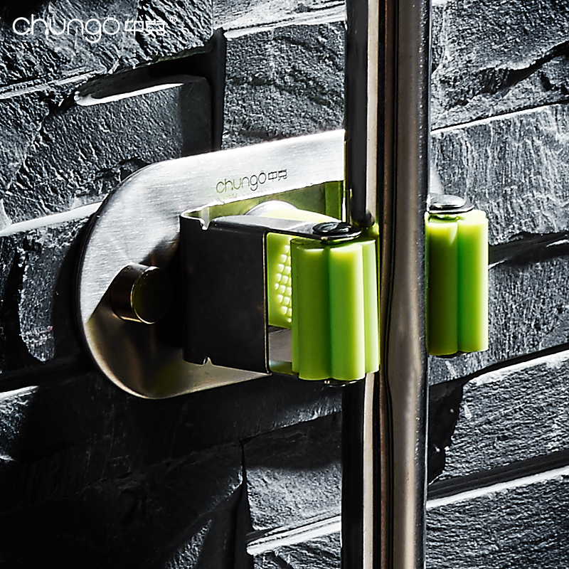 304 stainless steel brushed hanging mop rack broom rack Kitchen powder room bathroom multi-function hook free hole