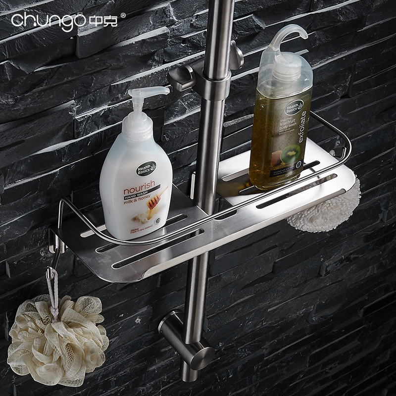 Stainless steel bathroom shower shelf Shower room with hook powder room storage tray Hole-free shower rod