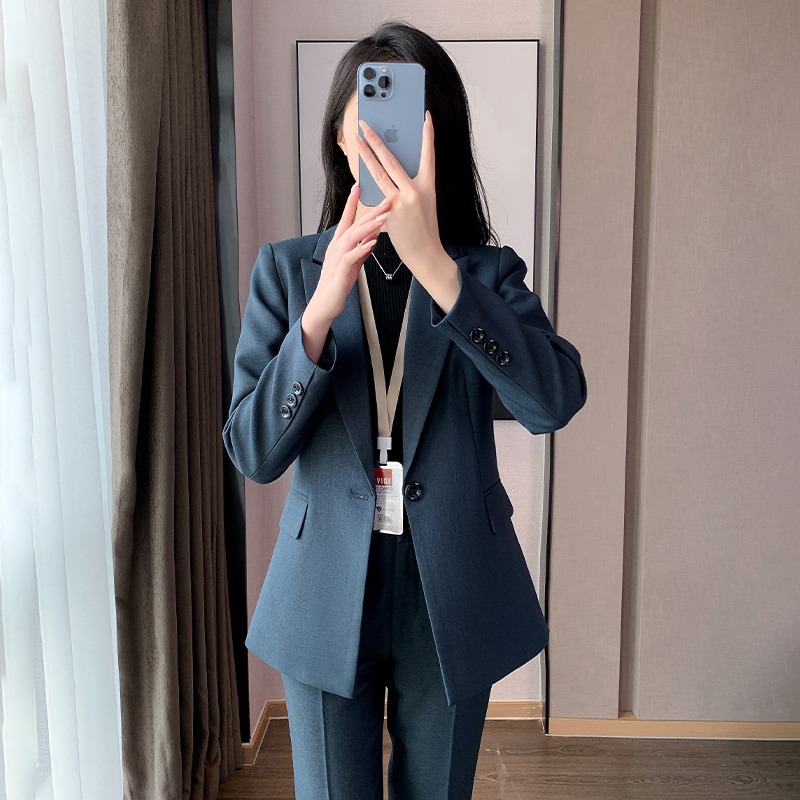 Gray Blue Suit Set for Women, New Spring and Autumn Business Attire, Formal Wear, Hotel Front Desk Work Uniform, High-End Suit Jacket