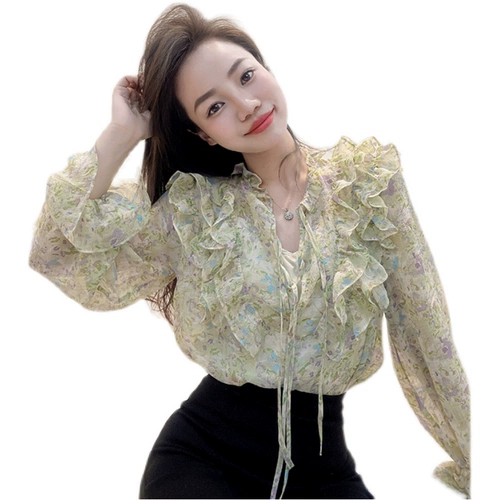 Оригинальный сексуальный лонгслив, рубашка, французский стиль, V-образный вырез, свободный крой, цветочный принт