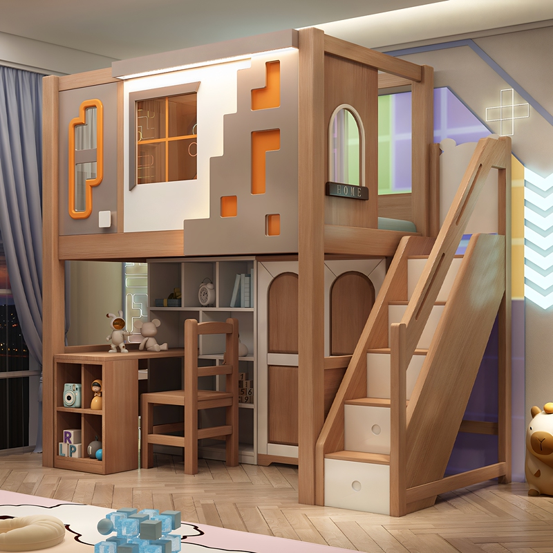 All-Solid Wood Bunk Bed with Thickened Upper and Lower Beds, Combined with a Desk and Wardrobe, Suitable for Small Apartments, Elevated Bed with Open Space Below