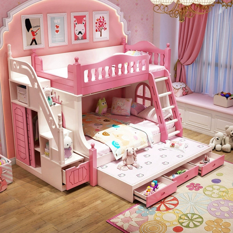 Children's bed up and down bed girl pink bunk bed high and low bed solid wood sub-bed princess bed multifunctional combination bed