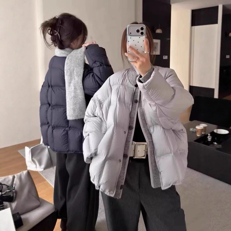 Knitted Patchwork Faux Two-Piece down Jacket for Women, Stand Collar, Short Style, European Style, 2025 Autumn/Winter New Model, 90% White Duck down Coat