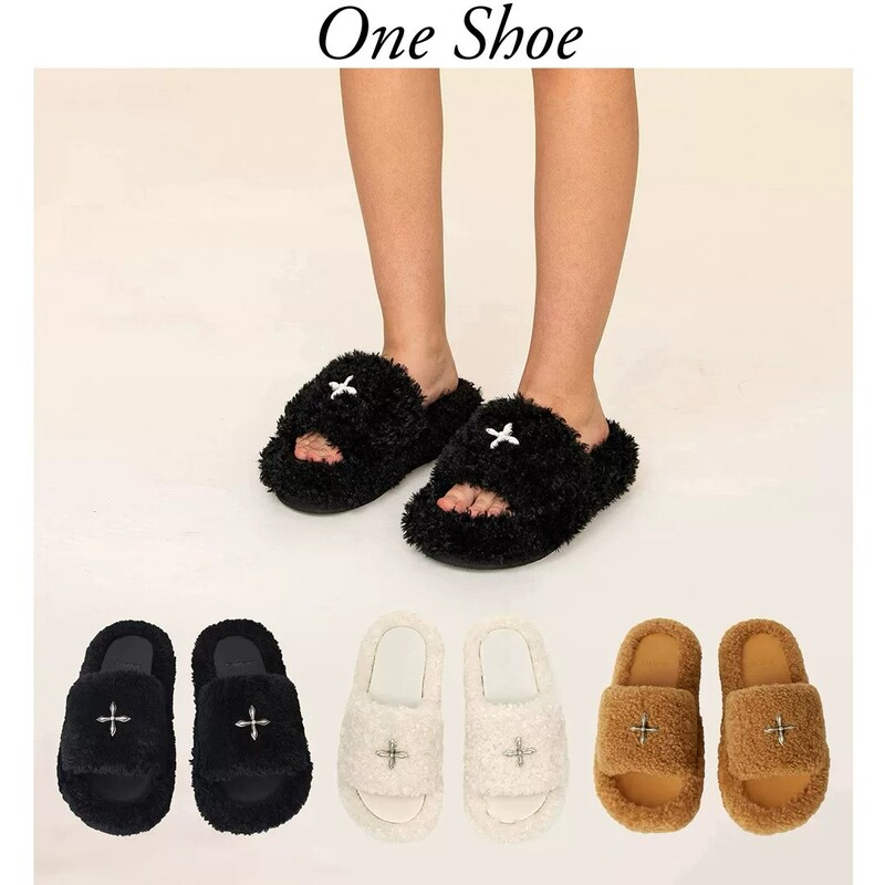 High-Platform Smfk Cross Statue Fur Integrated Thick-Soled Slippers, Multi-Color Wool Fur Outerwear Furry Women's Shoes