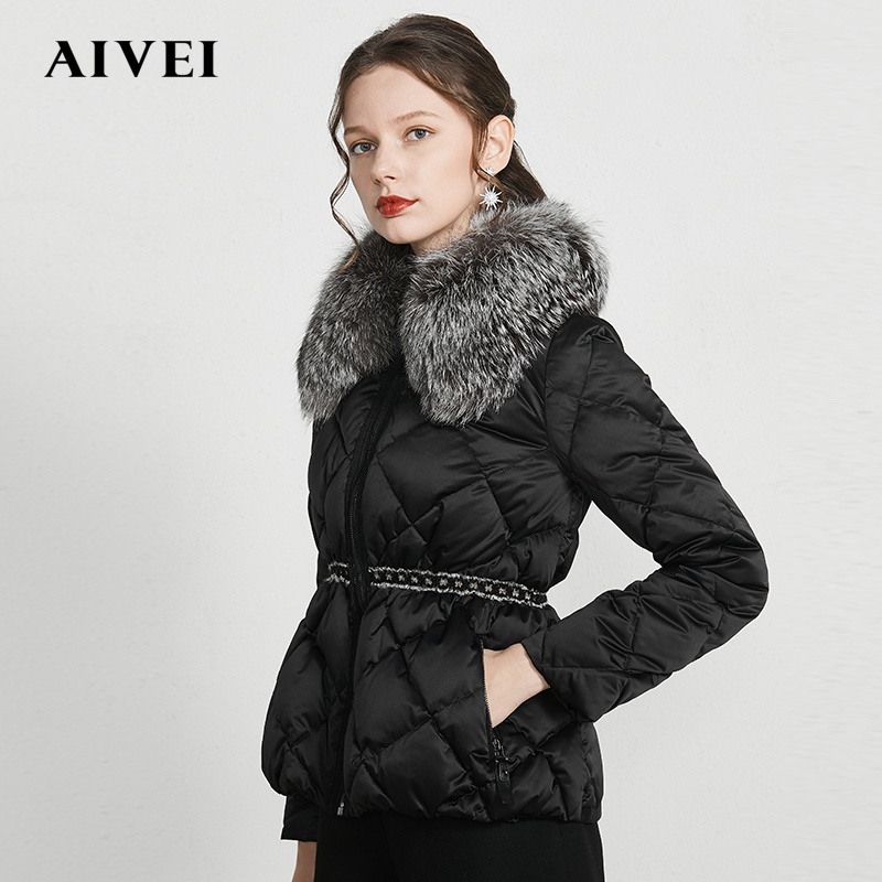 AIVEI Hinga Ivy 2019 mùa đông mới hoa thô nối ngắn dạng tóc có cổ xuống áo khoác L0660089