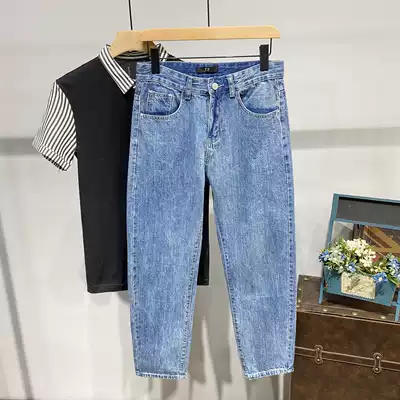 Summer straight nine-point jeans men Korean version of casual trend blue jeans men's nine-point casual pants
