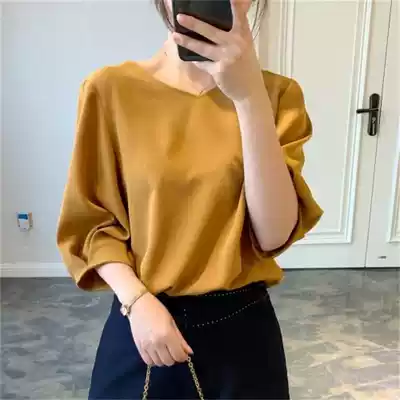 Cover meat thin ice silk knitted sweater women's short sleeve 2021 summer new thin loose casual temperament lantern sleeve shirt