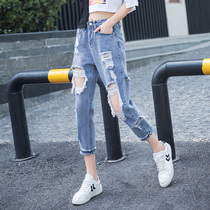 High waist ripped jeans women loose straight pants 2021 spring and summer new thin nine points dad beggar pants tide