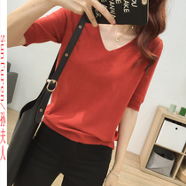 Design sense T-shirt womens summer 2021 new Korean version loose thin V-neck pullover short-sleeved top ice silk sweater