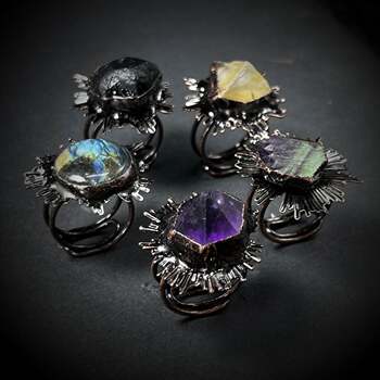 Amethyst black meteorite green fluorite citrine labradorite ring