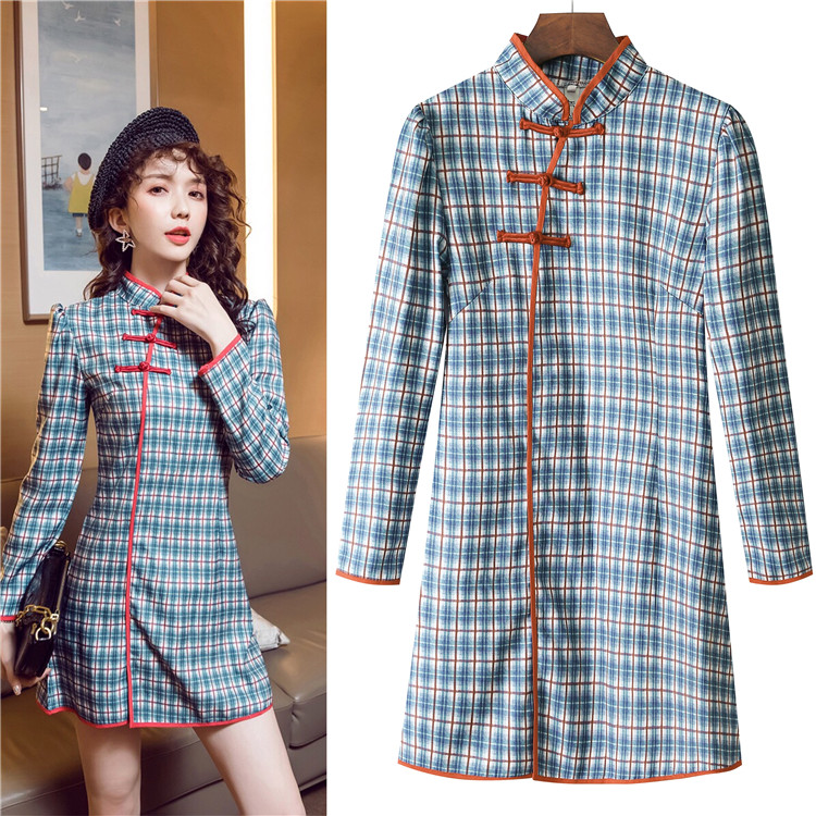 VK旗艦店 中國風復古旗袍改良版格紋盤扣修身長袖洋裝