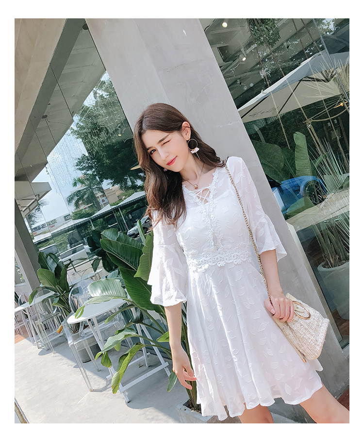 DABI 韓國風名媛氣質繫帶領蕾絲印花短袖洋裝