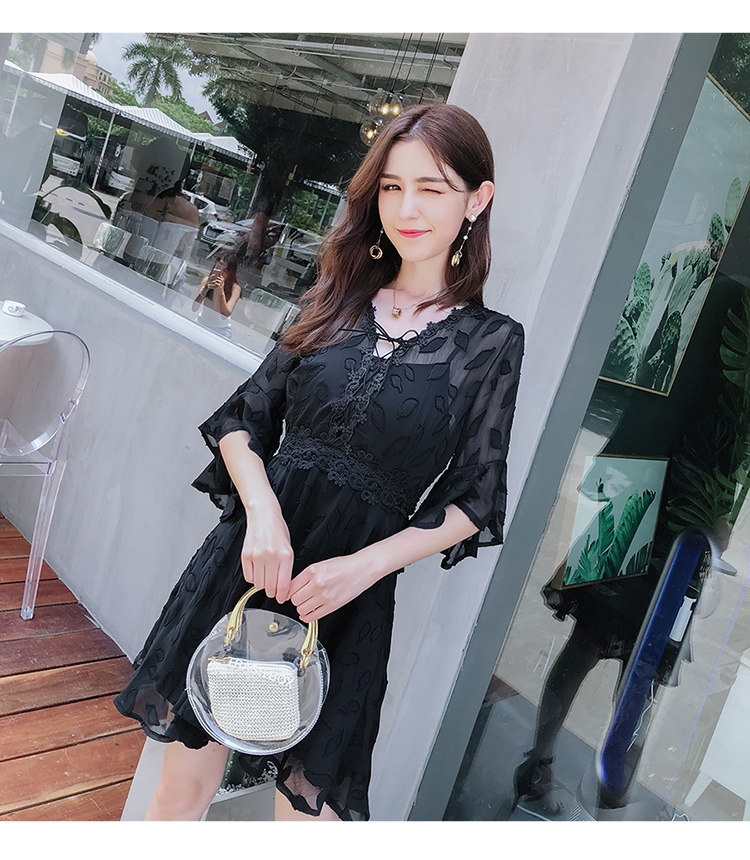 DABI 韓國風名媛氣質繫帶領蕾絲印花短袖洋裝
