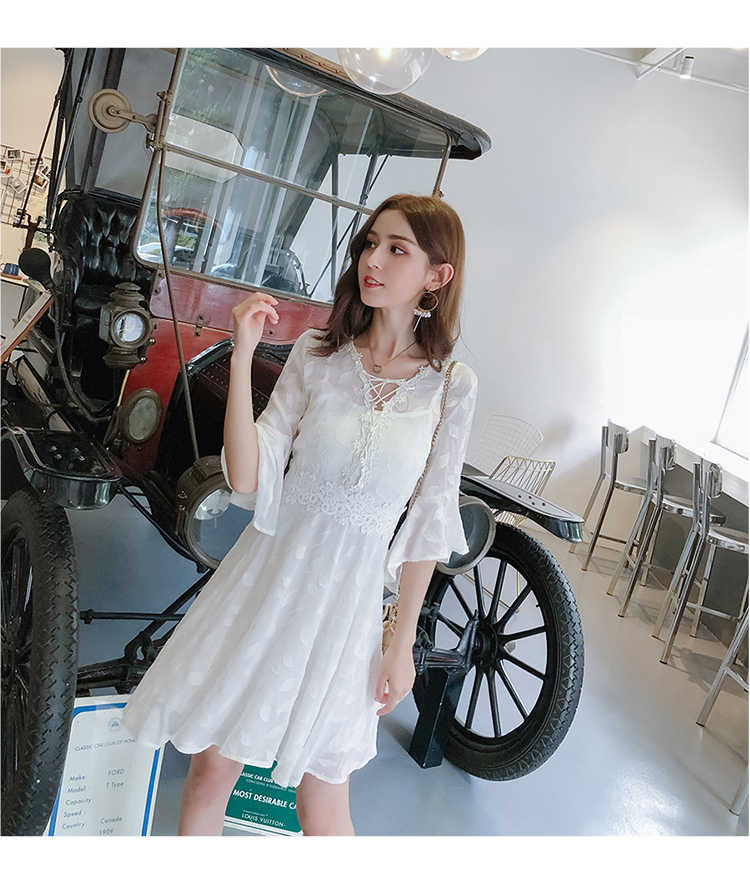 DABI 韓國風名媛氣質繫帶領蕾絲印花短袖洋裝