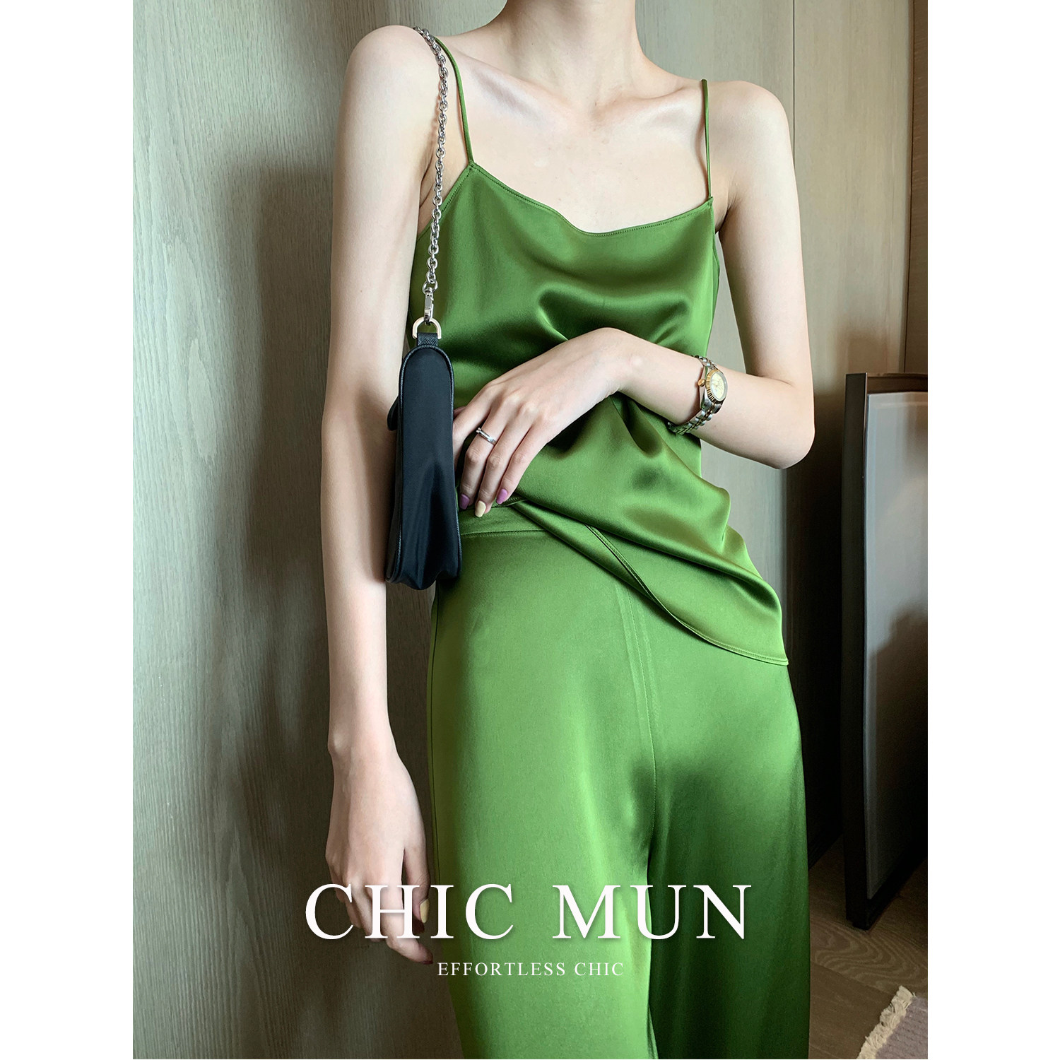 Eel MUN double satin three acetate fashion suit women's temperament camisole inside and outside wear casual short-sleeved top