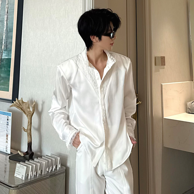 Yifan High-End Silky Satin White Shirt for Men with a Stylish Lace Trim and Stand Collar Long-Sleeve Shirt