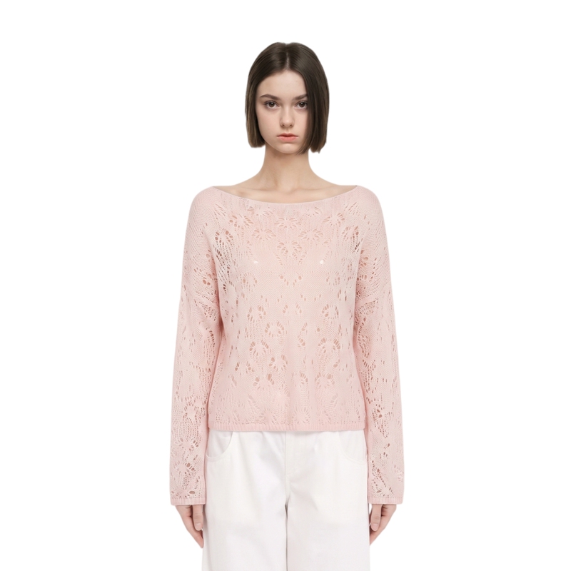 Urbm2026 New Autumn Women's Clothing in Light Pink, Sweet Style, Casual and Elegant Cut-Out One-Line Collar Knit Sweater Urbm2026 New Autumn Women's Clothing in Light Pink, Sweet Style, Casual and Elegant Cut-Out One-Line Collar Knit Sweater