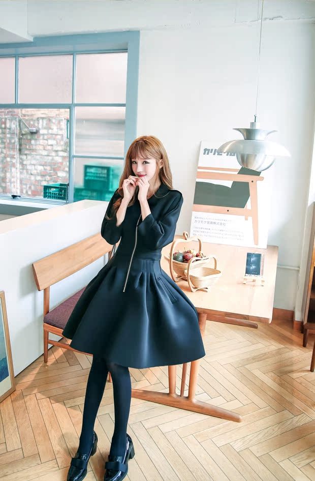 2018 mùa thu và mùa đông mới của phụ nữ Hàn Quốc phiên bản của ngọt ngào bảy điểm tay áo Slim eo cao không gian cotton dress Tutu Một từ mẫu váy xòe đẹp 2020