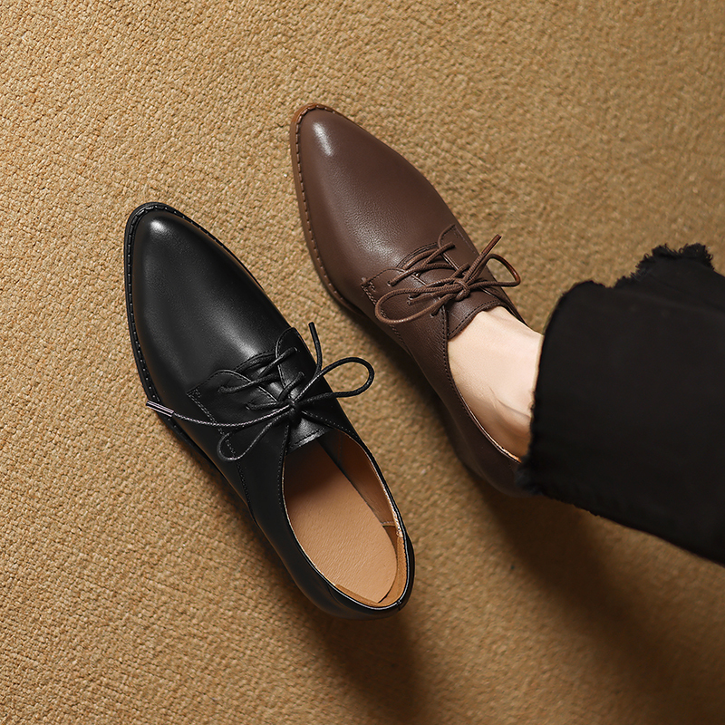 Retro British Style Oxford Shoes for Women, Lace-Up Pointed Toe Shoes, Versatile Preppy Style Small Leather Shoes, Genuine Leather Thick Heel High Heels