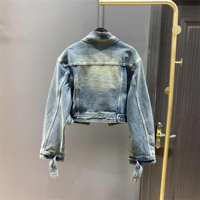 2024 Spring New Hong Kong Style Retro Distressed Short Denim Jacket Women's Loose Slim Stand Collar Jacket Top