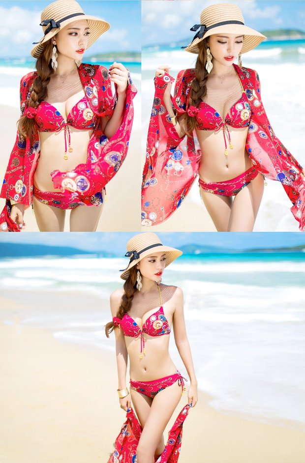 Chụp ảnh nữ Hàn Quốc áo tắm ba mảnh phù hợp với bộ ngực nhỏ gợi cảm tụ tập bikini khăn choàng đi biển bên bờ biển - Vài đồ bơi đồ đôi trắng đi biển	