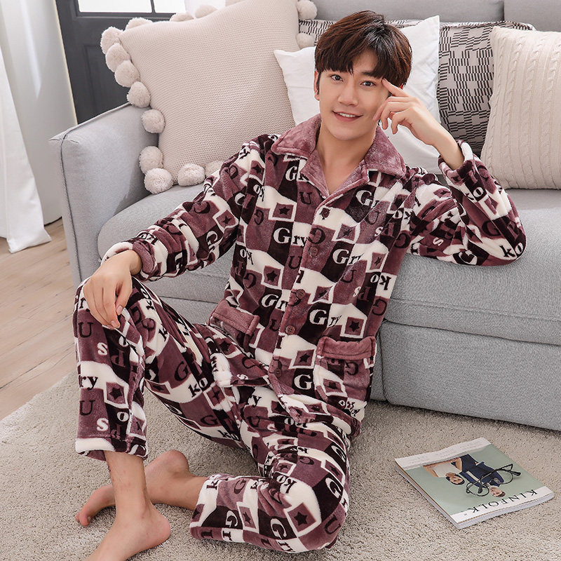 睡衣男士珊瑚绒秋冬款时尚款加大码字母青年加厚加绒法兰绒可外穿