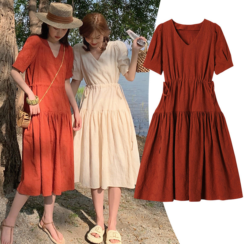 Large size women's clothing 2021 summer new fat mm temperament waist long dress French bubble sleeve thin dress