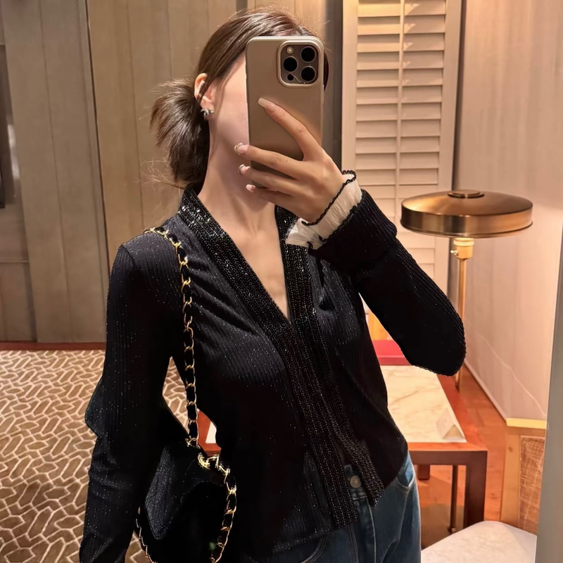 Special Clearance Sale Long.Com Small Bow European Style Heavy Beading Slimming Sparkling Long-Sleeve Top 85639
