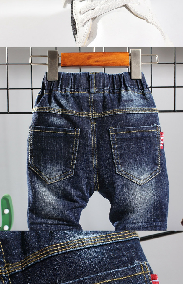 Quần bé trai Quần jean trẻ em Quần đơn 2 Quần giản dị 5-7 Năm Lỗ Đàn hồi Chân Quần mỏng quần ống rộng trẻ em