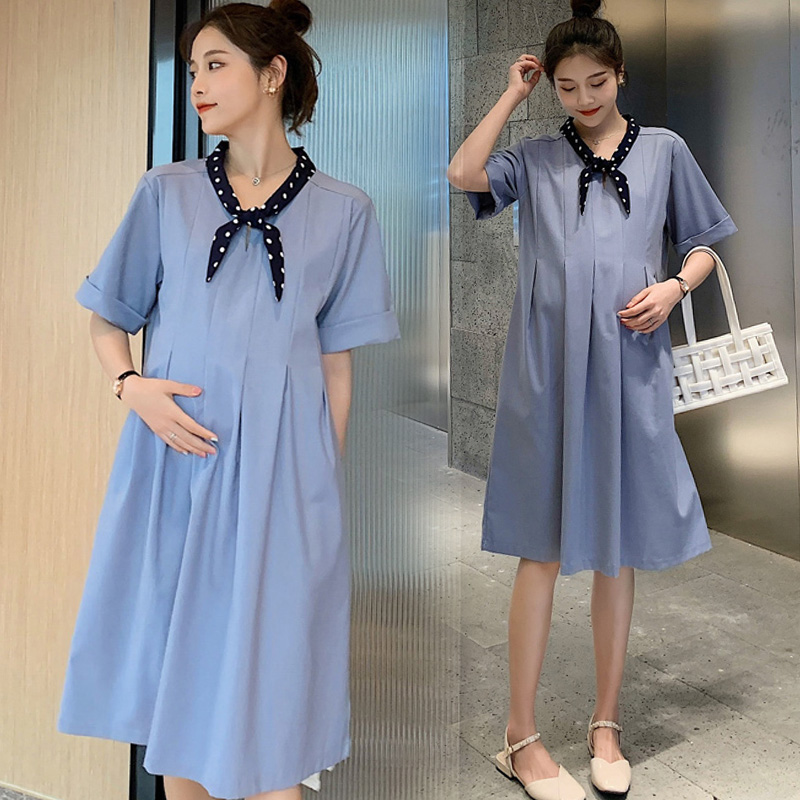 Reduced-age pregnant women's foreign dress with large size A size A character dress Chaoty hot mother Fashion heckled with a small frescoed pregnancy and a summer thin