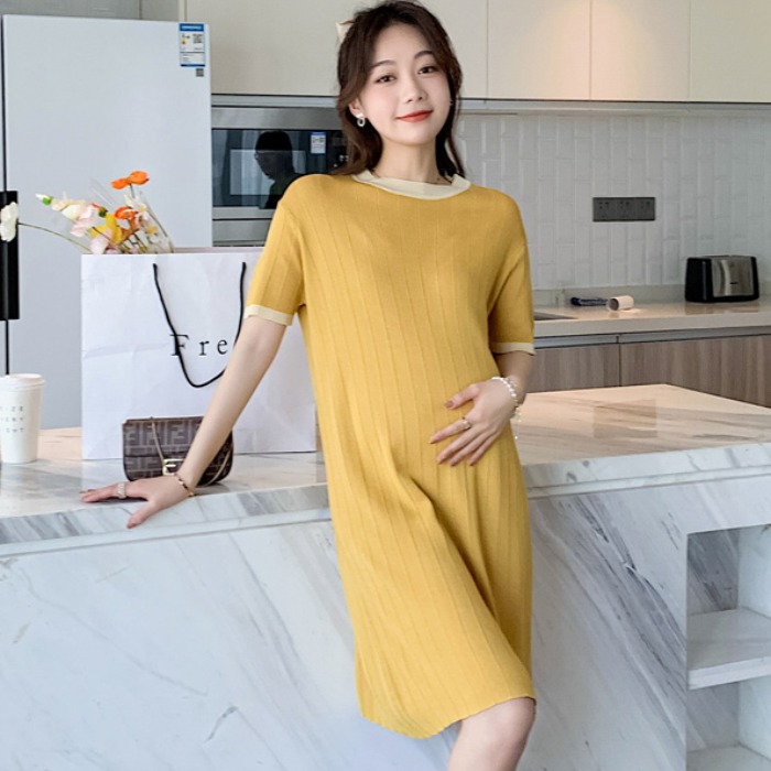 Small sub pregnant woman knit foreign dress Loose Belly short sleeves Long T-dress Retro fashion 150 Short dresses Summer thin