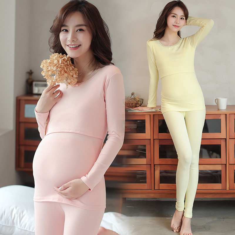 Pregnant women's autumn clothes suit pure cotton long sleeves T-shirt autumn and winter hit bottom-shirt-long pants laced with breast milk clothes for a long time