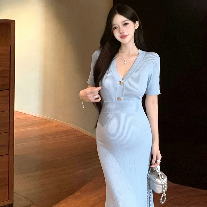 Ice Silk Knitted Nursing Maternity Dress, Mid-Length Fishtail Skirt, Short-Sleeved Tight-Fitting Hip-Hugging Skirt, Fashionable Work Skirt, Trendy