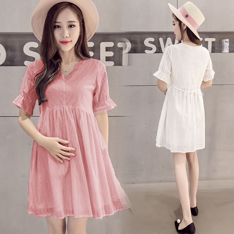 Pregnancy Woman Dress Summer Dress Foreign Dress Pure Cotton Medium Long Version Pregnant Woman Skirt Summer Breastfeeding Blouses Cute Princess Dresses Short Sleeves