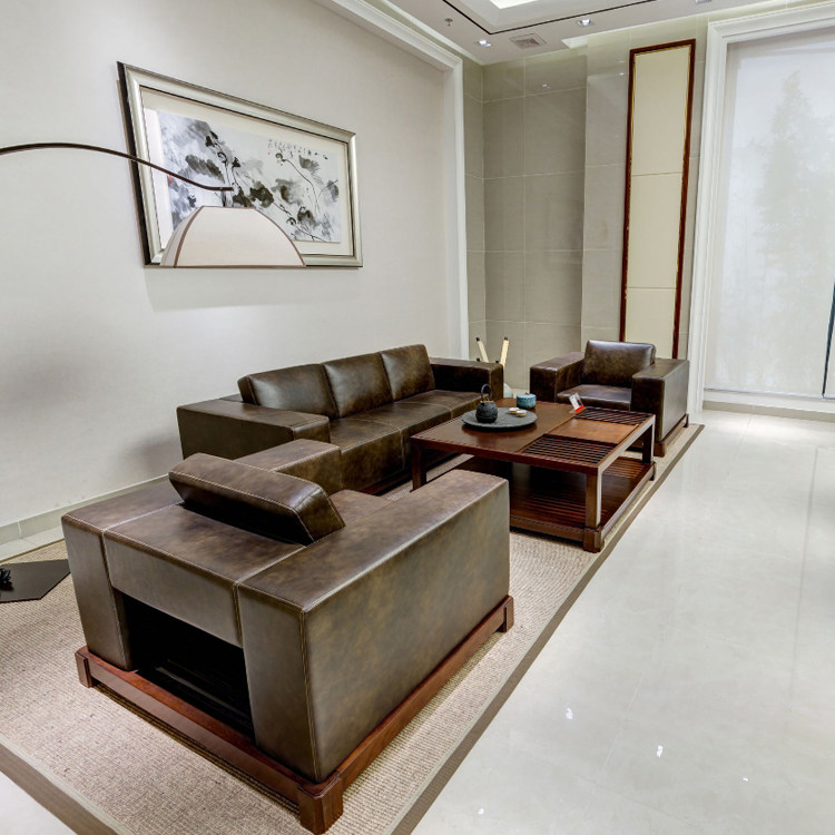 New Chinese style solid wood leather sofa i business office modern minimalist office reception room sofa coffee table combination