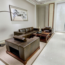 New Chinese solid wood leather sofa I business office modern simple office reception room sofa coffee table combination