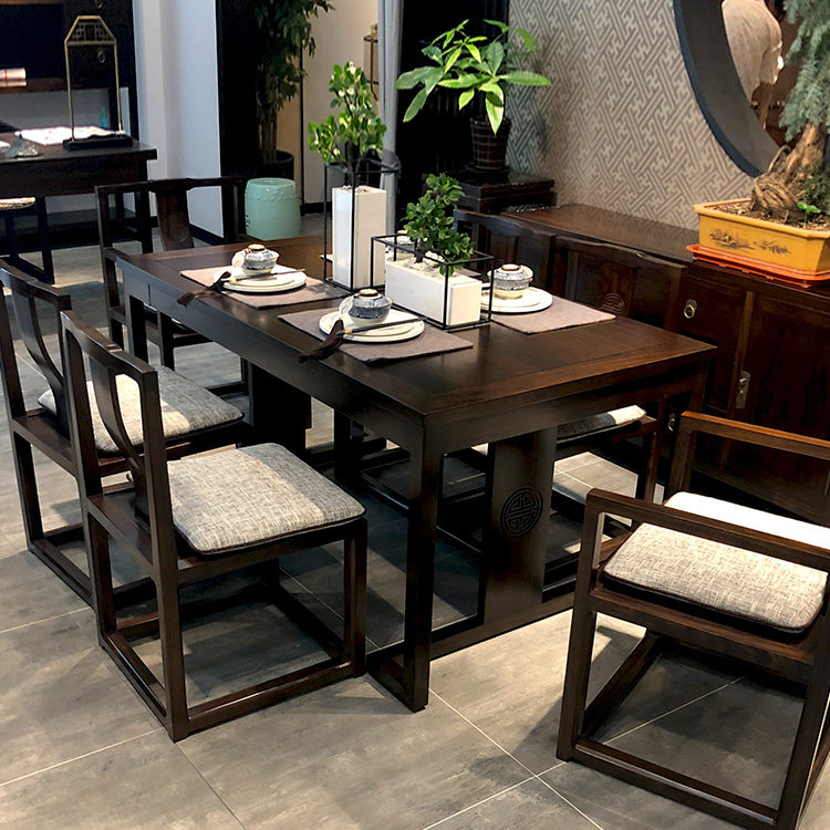 New Chinese dining room solid wood dining table and chair combination rectangular one table six chairs dining table Zen household dining table furniture