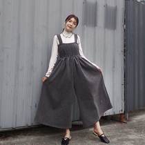 HOTFAN winter literary retro woolen pleated suspenders Loose one-piece oversized wide leg pants casual bib pants for women