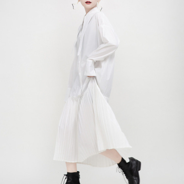2022 spring new niche design pointed collar straps loose mid-length shirt skirt stitching pleated dress