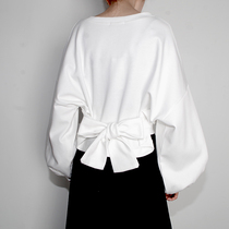 hotfan spring and autumn two wear simple silhouette bow tie lantern sleeve round neck loose pullover long-sleeved sweater women